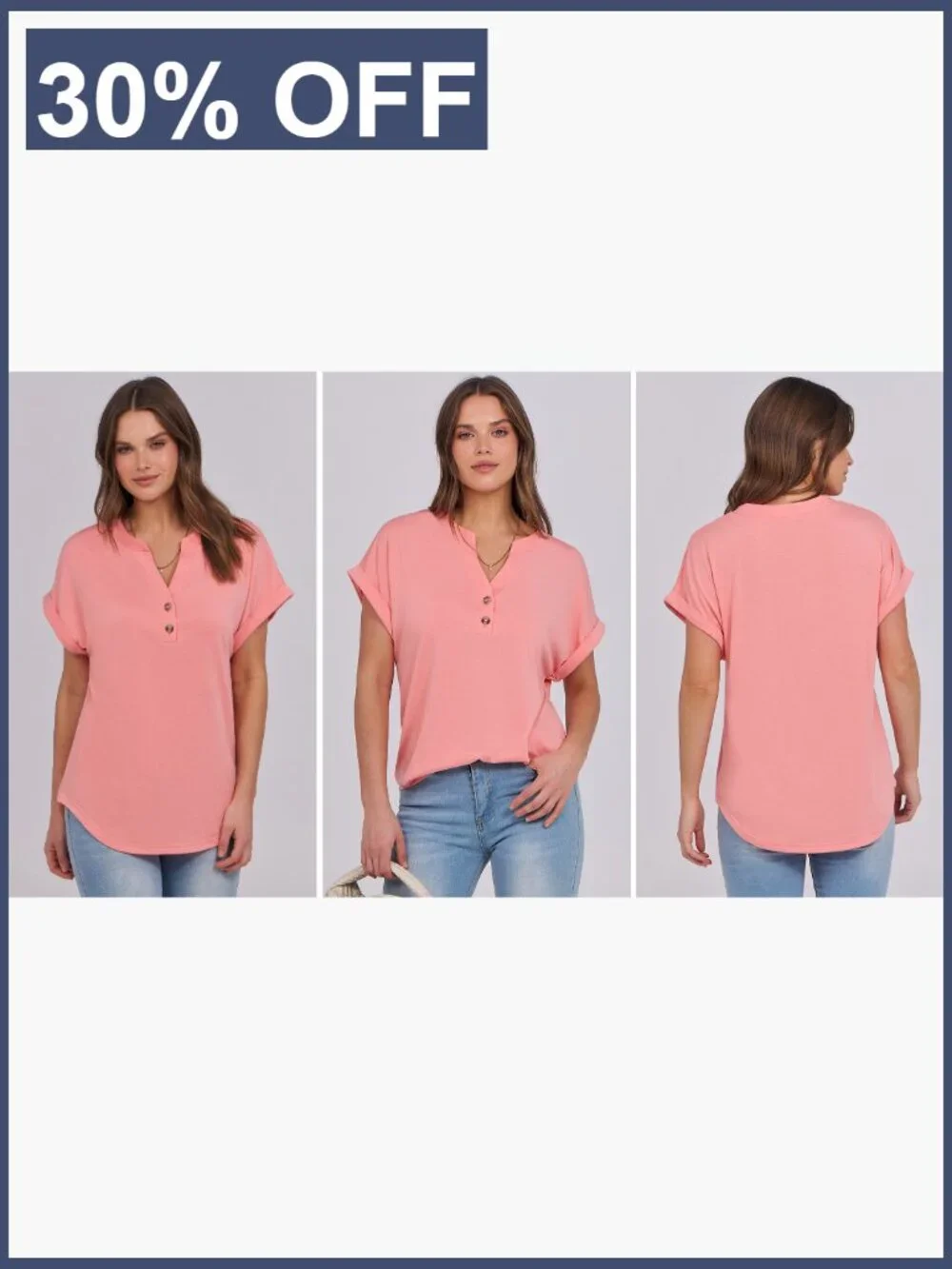 Short Sleeve Henley Tee V Neck Blouse Casual Loose Fit Summer Top - Picture 7 of 7